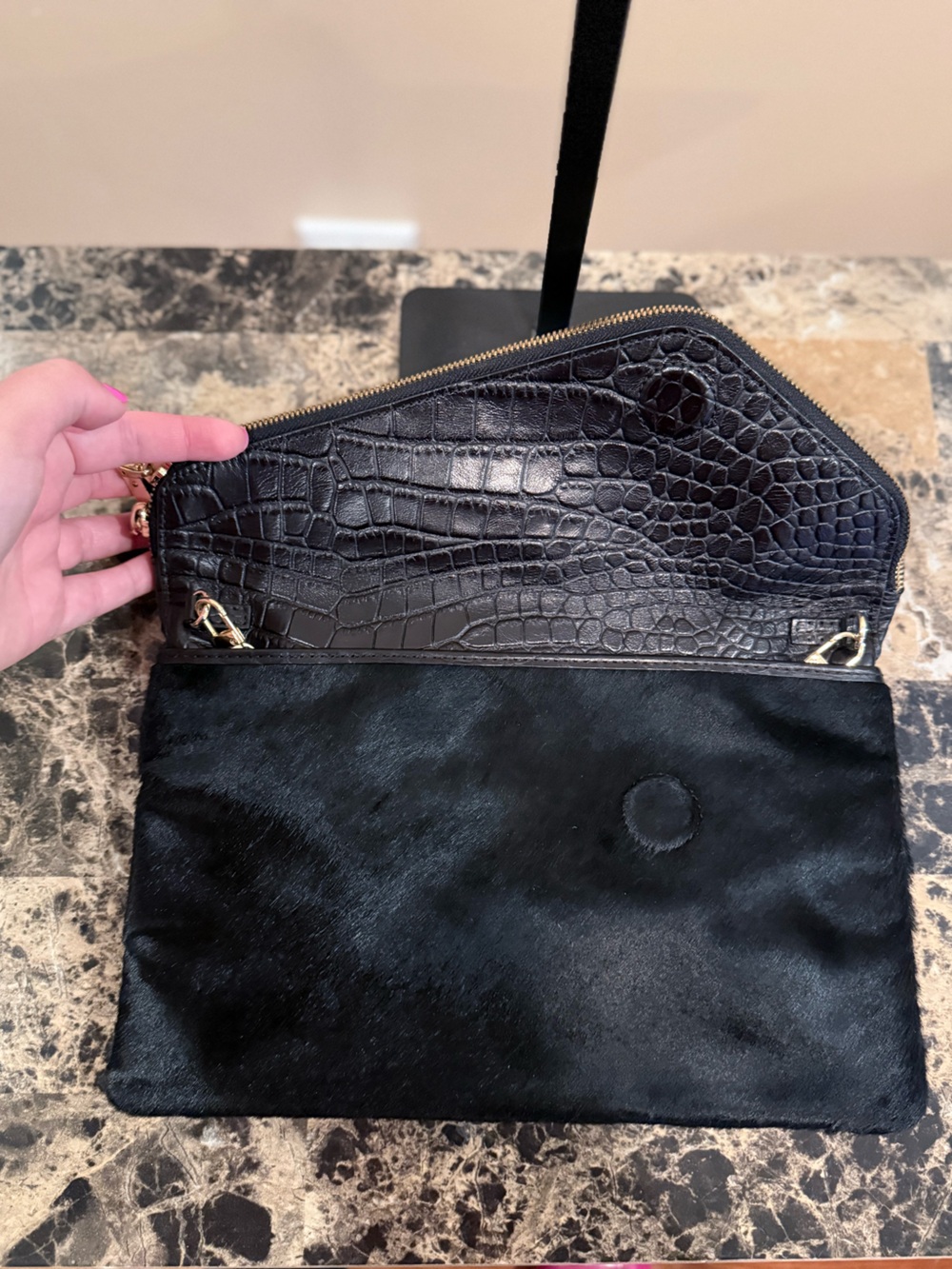 Henri Bendel Black Calf Hair & Croc Embossed Convertible Crossbody Clutch Bag - Picture 10 of 15